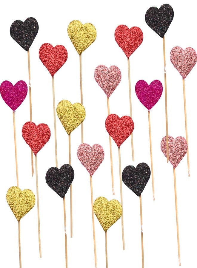 GLOBEADO Glitter Heart Cake Toppers 20 Pieces, Wooden Sticks, Party Decoration (20, Mixed) - Image 1